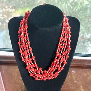 Vintage Red Beaded Multi-Strand Necklace Knotted Cord Statement Piece